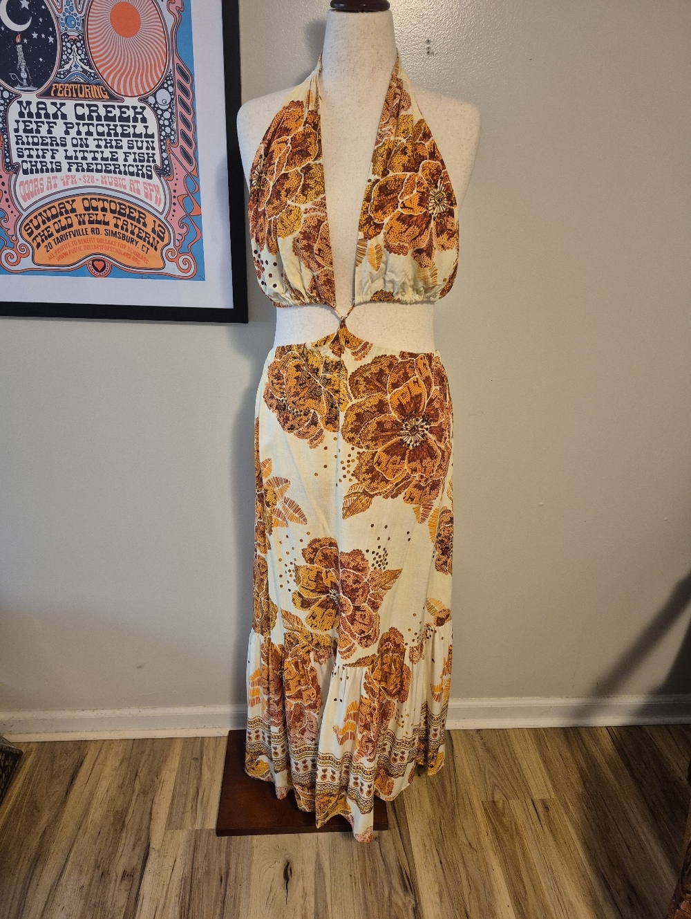 FARM RIO XL Boho Floral Halter Cutout Maxi Dress Cream & Mustard